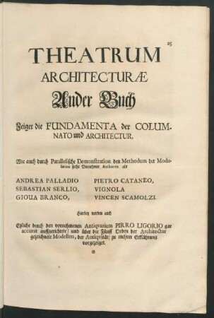Theatrum Architecturae Ander Buch Zeiget die Fundamenta der Columnato und Architectur ...