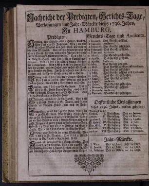 Nachricht der Predigten, Gerichts-Tage, Verlassungen und Jahr-Märckte dieses 1736. Jahrs, In Hamburg.