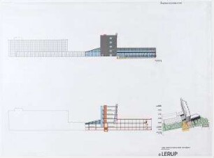 Bauwettbewerb Amerika-Gedenkbibliothek/Berliner Zentralbibliothek, AGB (nicht realisiert), 1. Preisgruppe – Südansicht, Schnitt, Isometrische Projektion. Berlin-Kreuzberg, Blücherplatz 1