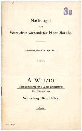 Nachtrag I zum Verzeichnis vorhandener Räder-Modelle (1903)