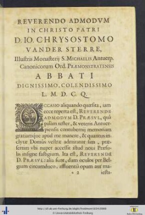 Reverendo Admodum In Christo Patri D. Io. Chrysostomus Van Der Sterre …