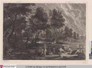 [Landschaft mit zwei Entenjägern und Kühen]