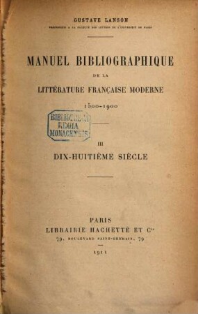 Manuel bibliographique de la littérature française moderne : 1500-1900, 3