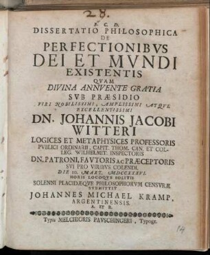 Dissertatio Philosophica De Perfectionibvs Dei Et Mvndi Existentis