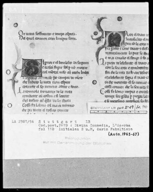 Dante, Divina Commedia und Cecco d'Ascoli, L'Acerba — Textseite mit vier Illustrationen, Folio 110recto