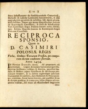 Reciproca Sponsio, Quam in D. Casimiri Poloniae Regis ...