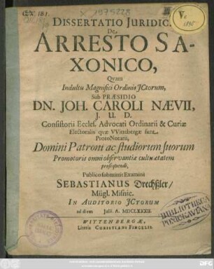 Dissertatio Iuridica De Arresto Saxonico