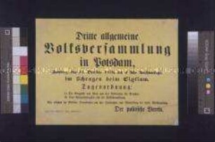 Maueranschlag: Volksversammlung in Potsdam. Aufruf des Politischen Vereins zur Versammlung am 15. Oktober 1848 in Potsdam, im Schragen beim Elysium.