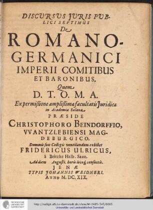 DISCURSUS JURIS PUBLICI SEPTIMUS De ROMANO-GERMANICI IMPERII COMITIBUS Et BARONIBUS.