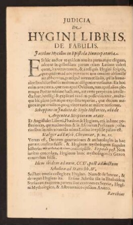 Judicia De Hygini Libris. De Fabulis.