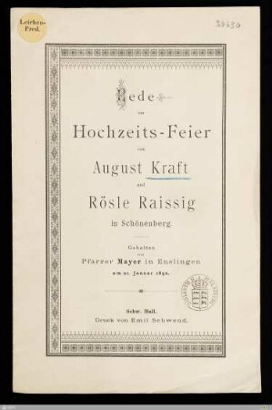 Rede zur Hochzeits-Feier von August Kraft und Rösle Raissig in Schönenberg