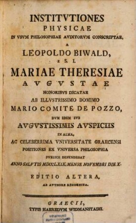 Institvtiones Physicae : In Vsvm Philosophiae Avditorvm Conscriptae, 2