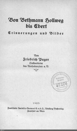 Von Bethmann Hollweg bis Ebert : Erinnerungen und Bilder