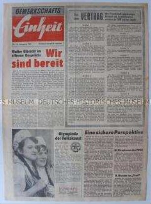 Propagandazeitung des FDGB der DDR zur Verbreitung in der Bundesrepublik u.a. zum Freundschaftsvertrag zwischen der DDR und der UdSSR
