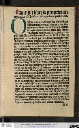 Incipit liber de proprietate monachorum domini Johannis Tritemii abbatis Spanhemensis.