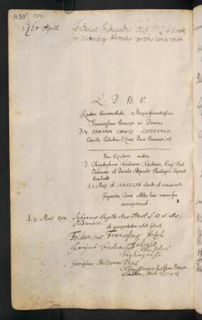 Sommerhalbjahr 1759. Rektorat (Prorektor) Christoph Friedrich Sartorius