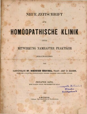 Neue Zeitschrift für homöopathische Klinik. 12, 12 = Bd. 16. 1867