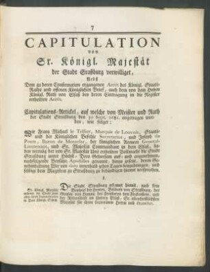 Capitulation von Sr. Königl. Majestät der Stadt Straßburg verwilliget, Nebst ...