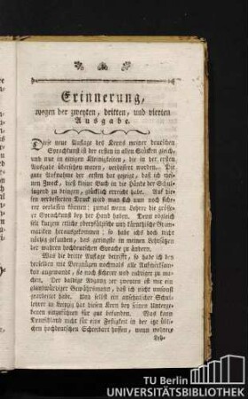 Erinnerung, wegen der zweyten, dritten, und vierten Ausgabe.