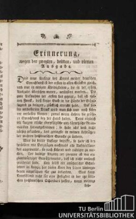 Erinnerung, wegen der zweyten, dritten, und vierten Ausgabe.