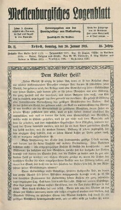 Nr. 11. Rostock, Sonntag, den 20. Januar 1918.