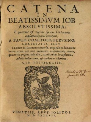 Catena in beatissimum Job absolutissima ...