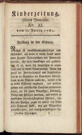 Kinderzeitung. Viertes Vierteljahr. Nro. XI. vom 11. Junii. 1781.
