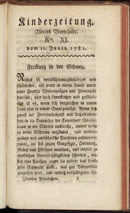 Kinderzeitung. Viertes Vierteljahr. Nro. XI. vom 11. Junii. 1781.