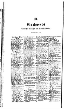 III. Nachweis sämmtlicher Geschäfts= und Gewerbetreibenden