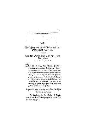 Verfassung des Volksschulwesens im Herzogthum Nassau : bestimmt durch das Landesherrliche Edikt vom 24aten März 1817