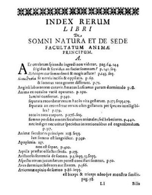 Index Rerum Libri De Somni Natura Et De Sede Facultatum Animӕ Principum.