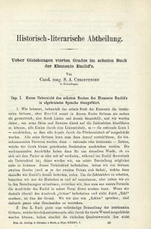 Ueber Gleichungen vierten Grades im zehnten Buch der Elemente Euclid's.