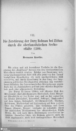 VII. Die Zerstörung der Burg Rohnau bei Zittau durch die oberlausitzischen Sechsstädte (1399)