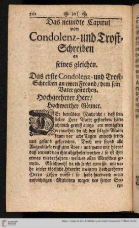 Das neundte Capitul: Von Condolenz- und Trost-Schreiben an seines gleichen