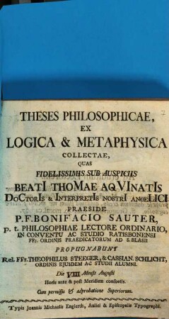 Theses Philosophicae, Ex Logica & Metaphysica Collectae