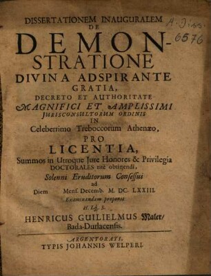 Dissertationem Inauguralem De Demonstratione ... proponit ... Henricus Guilielmus Maler, Bada-Durlacensis