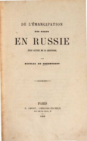 De l'Émancipation des serfs en Russie  par Nicolas de Gerebtzoff