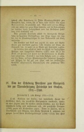 IV. Von der Erhebung Preußens zum Königreich bis zur Thronbesteigung Friedrichs des Großen, 1701-1740