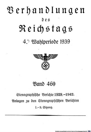 Verhandlungen des Reichstages. Stenographische Berichte, 460. 1939