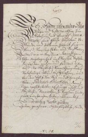 Gültverschreibung des Johann Alexander Sutor und seiner Frau Anna Maria, beide zu Durlach, über 26 Gulden Hauptgut, für das sie jährlich einen Gulden und 18 Kreuzer an die geistliche Verwaltung zu Durlach zahlen.