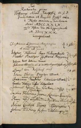 Winterhalbjahr 1729/1730. Rektorat Wolfgang Adam Schöpff