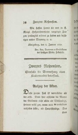 Zweytes Responsum. Ebenfalls die Vermuthung eines Kindermordes betreffend.