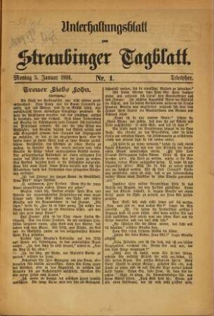 Straubinger Tagblatt. Unterhaltungsblatt zum Straubinger Tagblatt, 1891