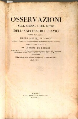 Osservazioni sull'arena e sul podio dell'Anfiteatro Flavio