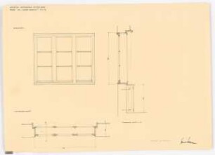 Kleines Wohnhaus: dreiteiliges Kastenfenster, Ansicht, 2 Schnitte 1:10