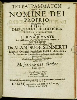 Tetragrammaton Sive De Nomine Dei Proprio [...] Disputatio Philologica Prior Kataskeuastikē