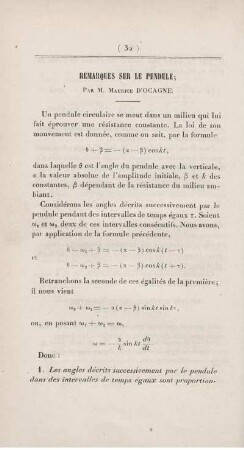 Remarques sur le pendule.