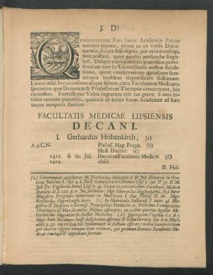 Facultatis Medicae Lipsiensis Decani I. Gerhardus Hohenkirch - XXV. Augustus Quirinus Rivinus