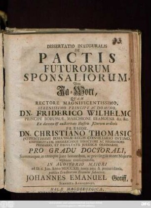 Dissertatio Inauguralis, De Pactis Futurorum Sponsaliorum