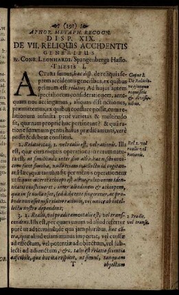 Disp. XIX. De VII. Reliquis Accidentis Generibus.